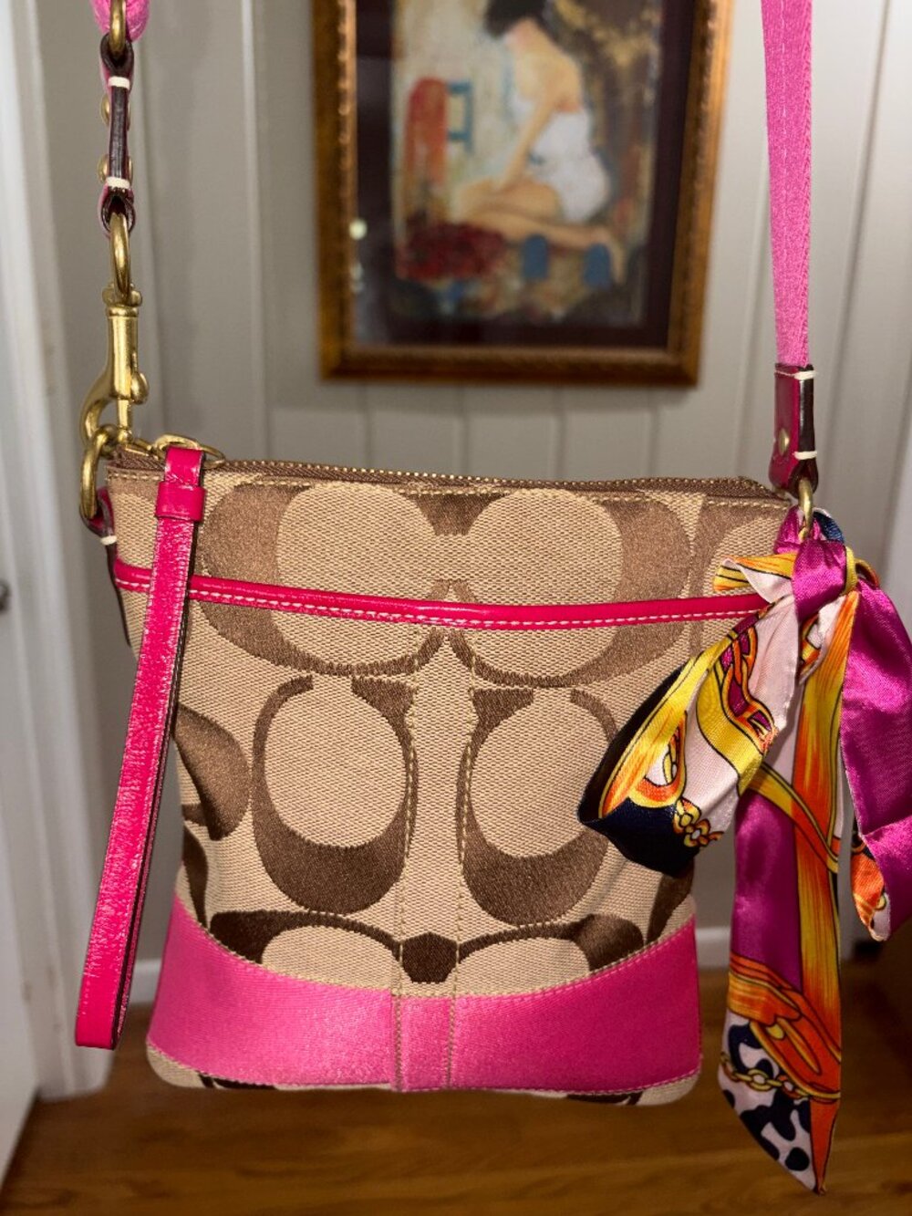 COACH CLASSIC KISSING C'S CANVAS CROSSBODY WITH PINK STRIPE ACCENT - LIKE NEW